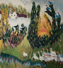 Village Church at Sunset with Geese — Handwoven Egyptian Wool Tapestry, 6.2 ft — detail 3