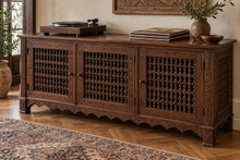 Three-door mashrabiya sideboard with a stained finish, styled in a living room