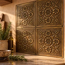 Hand-embossed solid brass Tudor rose tiles in aged bronze as a backsplash on a kitchen sink wall below a window