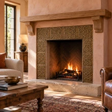 Tudor Rose hand-embossed solid brass tiles in aged bronze framing a living room fireplace