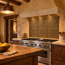 Hand-embossed solid brass Tudor rose tiles in aged bronze installed as a kitchen backsplash behind a range