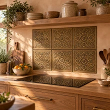 Hand-embossed solid brass Tudor rose tiles in aged bronze as a backsplash behind an induction cooktop under an oak shelf