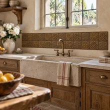 Celtic Hearts and Flowers tiles in hand-embossed brass, as a backsplash band behind a stone farmhouse sink in a kitchen