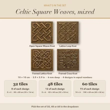 Card showing the 4 designs in the Celtic Square Weaves set and how many of each per set