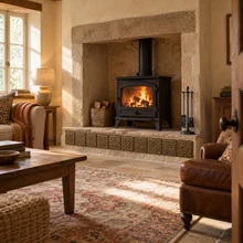 Celtic Square Weaves tiles in hand-embossed brass, as a band along the raised wood stove hearth in a living room