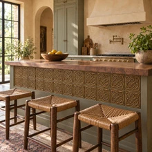 Woven Star Circle Knot in hand-embossed brass, covering the front of a kitchen island lined with rush-seat stools