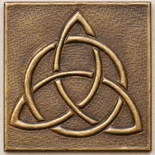 Trinity Knot with Circle Celtic knot tiles, solid brass hand-embossed in aged bronze: front view of one 10 cm (4 in) tile