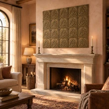 Trinity Knot with Circle in hand-embossed brass, as a feature panel above a stone fireplace mantel in a living room