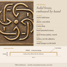 Detail card for the Rotating Loop Knot tiles: solid brass, raised rim depth, finish and the back