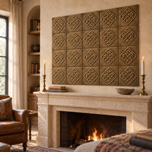 Diamond Weave Knot in hand-embossed brass, as a feature panel above a stone fireplace mantel in a living room