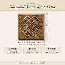 Card showing Diamond Weave Knot sets of 30, 45 or 60 tiles, 10 x 10 cm each
