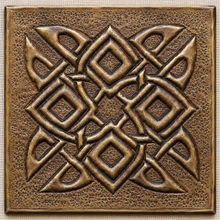 Diamond Lattice Knot Celtic knot tiles, solid brass hand-embossed in aged bronze: front view of one 10 cm (4 in) tile