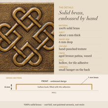Detail card for the Four Heart Knot tiles: solid brass, raised rim depth, finish and the back