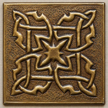 Star Cross Knot Celtic knot tiles, solid brass hand-embossed in aged bronze: front view of one 10 cm (4 in) tile