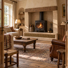 Star Cross Knot Celtic knot tiles in hand-embossed brass, as a band along the raised wood stove hearth in a living room