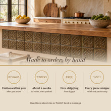 Card noting that the Open Square Weave Knot tiles are made to order by hand