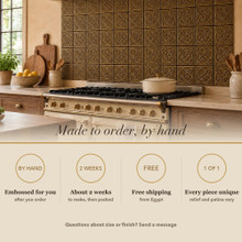 Card noting that the Quatrefoil Circle Knot tiles are made to order by hand