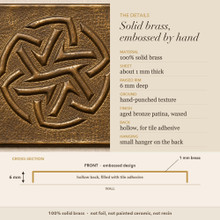 Detail card for the Woven Star Knot tiles: solid brass, raised rim depth, finish and the back