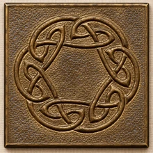 Hexagon Ring Knot Celtic knot tiles, solid brass hand-embossed in aged bronze: front view of one 10 cm (4 in) tile