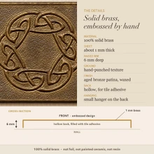 Detail card for the Hexagon Ring Knot tiles: solid brass, raised rim depth, finish and the back