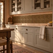 Dense Circle Knot Celtic knot tiles in hand-embossed brass, as a backsplash band beneath painted wall cabinets in a kitchen
