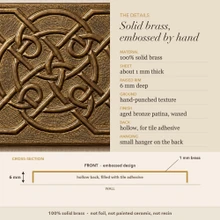 Detail card for the Dense Circle Knot tiles: solid brass, raised rim depth, finish and the back
