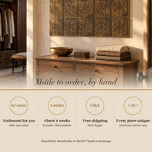 Card noting that the Six Ring Flower Knot tiles are made to order by hand