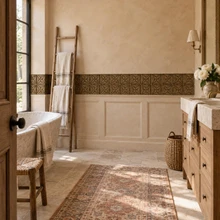 Butterfly Knot Celtic knot tiles in hand-embossed brass, as a border band above panelled wainscoting in a bathroom