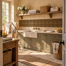 Barred Circle Knot Celtic knot tiles in hand-embossed brass, as a backsplash band above a stone sink in a laundry room