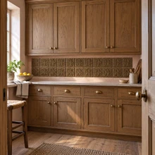 Framed Cross Knot Celtic knot tiles in hand-embossed brass, as a backsplash band beneath oak wall cabinets in a kitchen