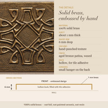 Detail card for the Framed Cross Knot tiles: solid brass, raised rim depth, finish and the back
