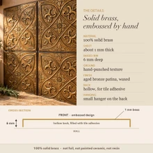 Detail card for the Fleur-de-Lis and Gothic Arch tiles: solid brass, raised rim depth, finish and the back
