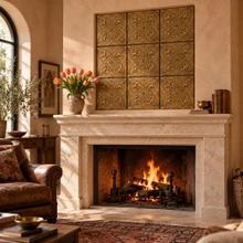 Hand-embossed solid brass fleur-de-lis tiles in aged bronze covering the chimney breast above a fireplace