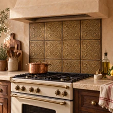 Hand-embossed solid brass fleur-de-lis tiles in aged bronze installed as a kitchen backsplash behind a range