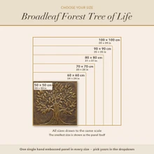 Size guide for the Broadleaf Tree of Life panel, every size drawn to scale in cm and inches