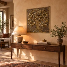 One hand-embossed brass broadleaf Tree of Life panel in aged bronze hung as statement wall art above a sofa in a living room