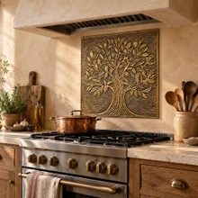 One 20 inch hand-embossed brass broadleaf Tree of Life panel in aged bronze as a backsplash panel behind a kitchen range