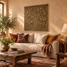 One 20 inch hand-embossed brass broadleaf Tree of Life panel hung as statement wall art above a sofa in a living room