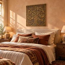 One 20 inch hand-embossed solid brass broadleaf Tree of Life panel in aged bronze hung above the headboard in a bedroom