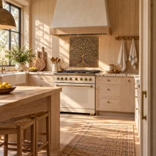One 20 inch hand-embossed brass leafy Tree of Life panel in aged bronze as a backsplash panel behind a kitchen range