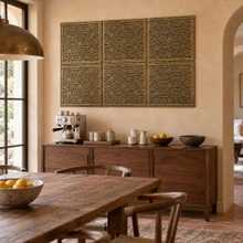 Marrakesh Lattice, large 12 inch hand-embossed solid brass tiles in aged bronze: dining room coffee station backsplash
