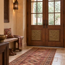 Marrakesh Lattice hand-embossed solid brass tiles in aged bronze on the panels of an entry door