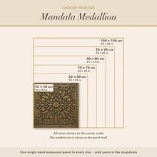 Size guide for the Mandala Medallion panel, every size drawn to scale in cm and inches