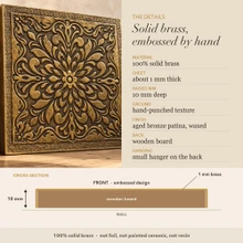Detail card for the Mandala Medallion panel: solid brass, raised rim depth, finish and the back