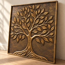 Broad Leaf Tree of Life, hand-embossed solid brass in aged bronze: three-quarter view showing the 10 mm edge and rim