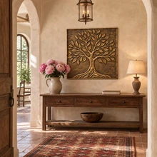 Broad Leaf Tree of Life, hand-embossed solid brass in aged bronze: entrance hall above a console table