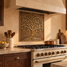 Broad Leaf Tree of Life, hand-embossed solid brass in aged bronze: kitchen backsplash panel behind a range