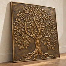 Twisted Trunk Tree of Life, hand-embossed solid brass in aged bronze: three-quarter view showing the 10 mm edge and rim