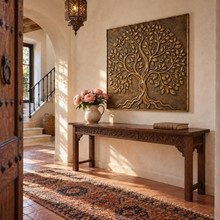Twisted Trunk Tree of Life, hand-embossed solid brass in aged bronze: entrance hall above a console table