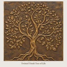 Twisted Trunk Tree of Life: one hand-embossed solid brass wall panel in aged bronze, 10 mm deep, shown as it will be made